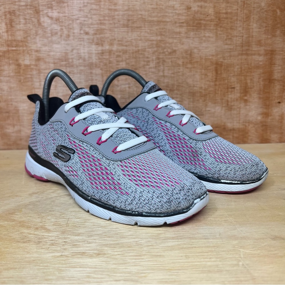 Skechers 7.5  Flex Appeal 3.0  Pink Gray Lite Wt Memory Foam Sneakers